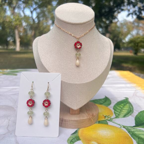 Retro Red Floral Flower Czech Glass Fruit Green Jade Beige Drop Fun Jewelry Set - Picture 1 of 7